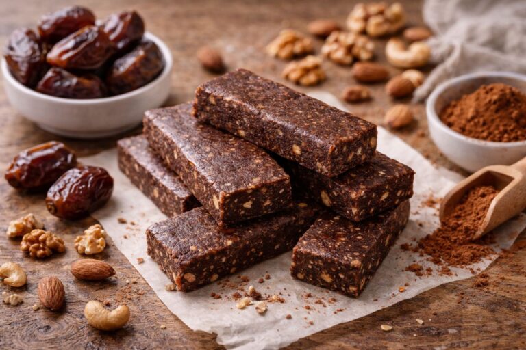 Zdrowe batony z daktyli, kakao i orzechów. Przepis na zdrową przekąskę