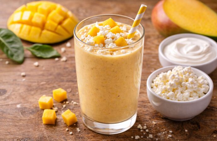 Koktajl z twarogu, mango i jogurtu naturalnego. Przepis na fit śniadanie