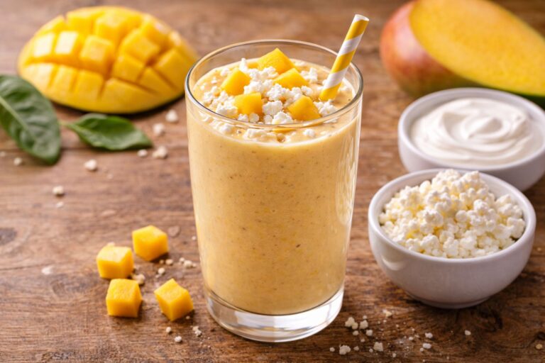 Koktajl z twarogu, mango i jogurtu naturalnego. Przepis na fit śniadanie
