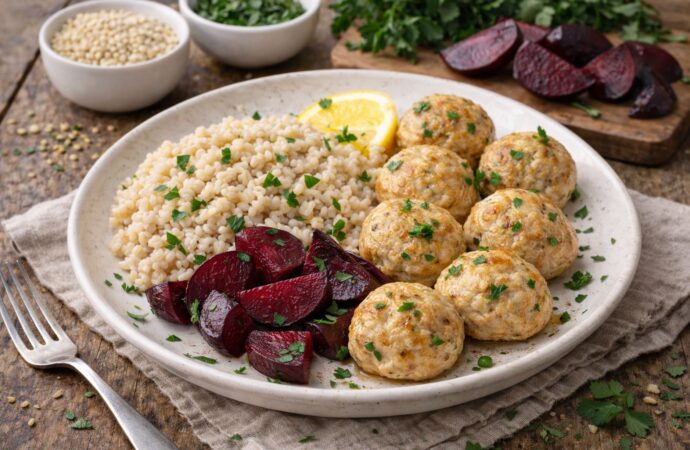 Pieczone klopsiki z indyka z pęczakiem i burakiem. Fajny pomysł na obiad