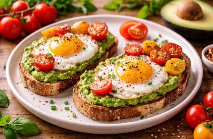 Tosty z awokado, jajkiem sadzonym i pomidorkami koktajlowymi na kolację