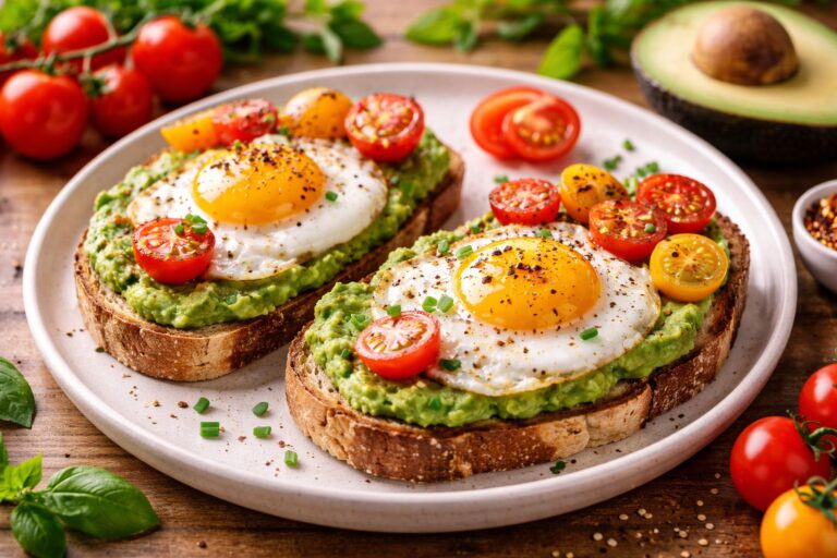 Tosty z awokado, jajkiem sadzonym i pomidorkami koktajlowymi na kolację