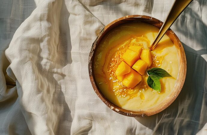 Kasza jaglana na mleku kokosowym z mango i wiórkami. Pomysł na śniadanie na słodko