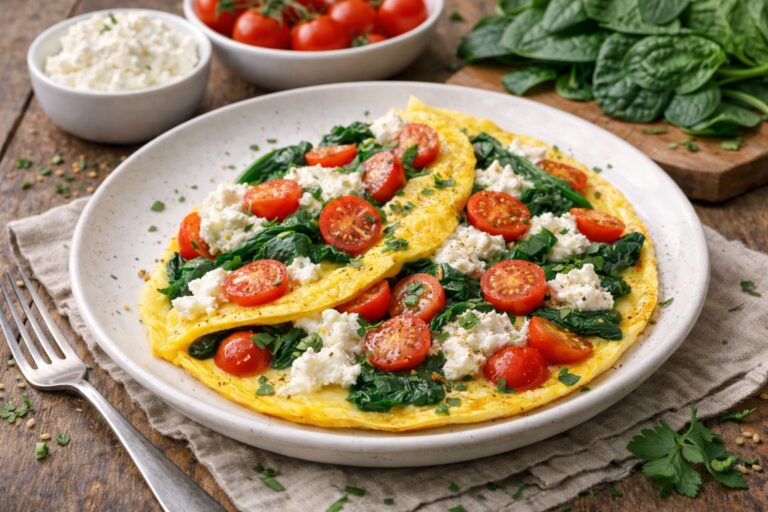 Omlet z ricottą, pomidorkami i szpinakiem. Szybkie śniadanie na ciepło