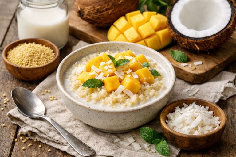 Kasza jaglana na mleku kokosowym z mango. Pomysł na śniadanie na słodko