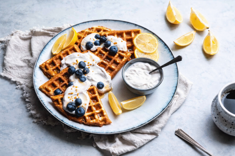 Gofry migdałowe Low Carb z borówkami i jogurtem. Pomysł na szybkie śniadanie