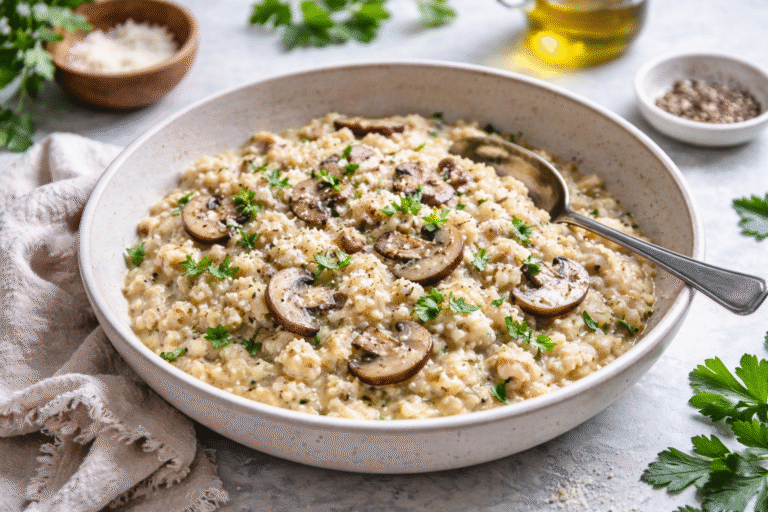 Risotto z kalafiora z mascarpone i pieczarkami. Szybki obiad Low Carb