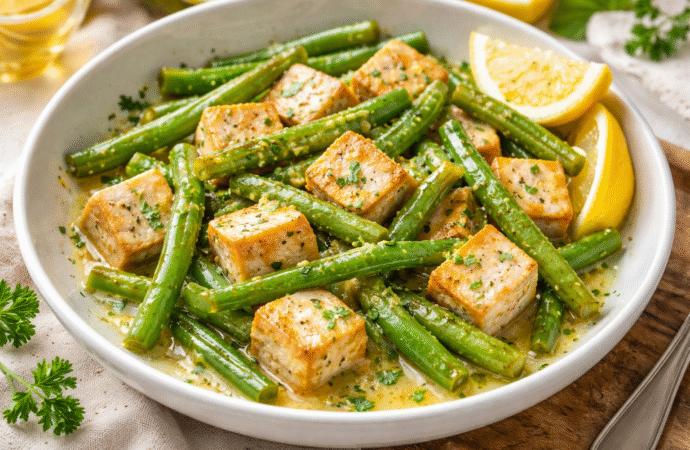 Tofu w sosie maślano-cytrynowym z fasolką szparagową. Obiad Low Carb