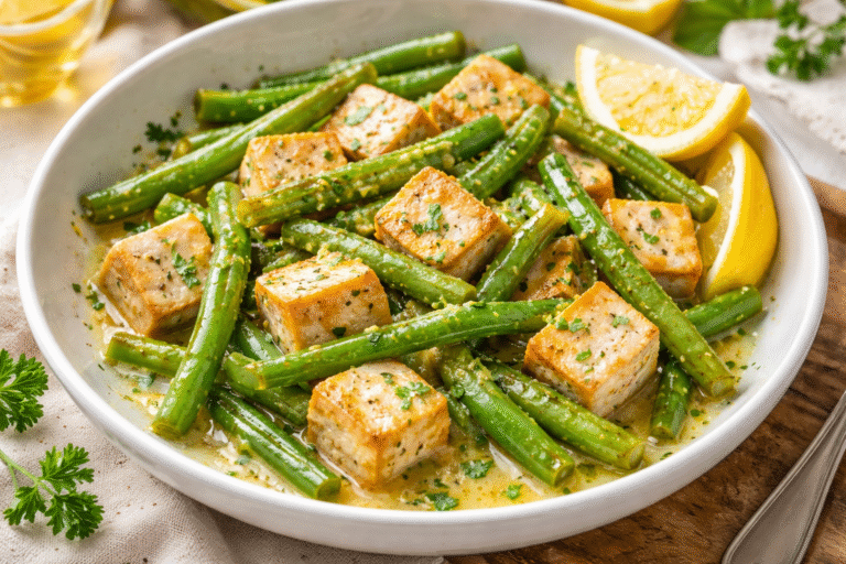 Tofu w sosie maślano-cytrynowym z fasolką szparagową. Obiad Low Carb